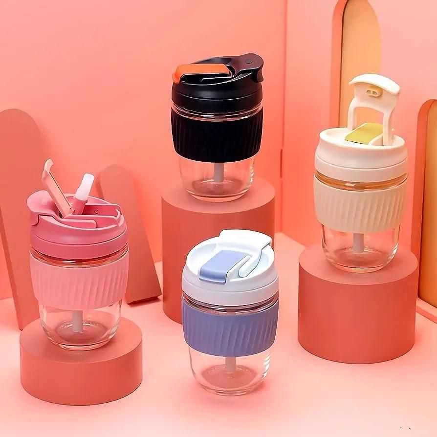 Glass Tumbler with Airtight Lid & Straw – 300 ml Premium Travel Mug for Juices, Smoothies & Hot/Cold Drinks (Random Colour)