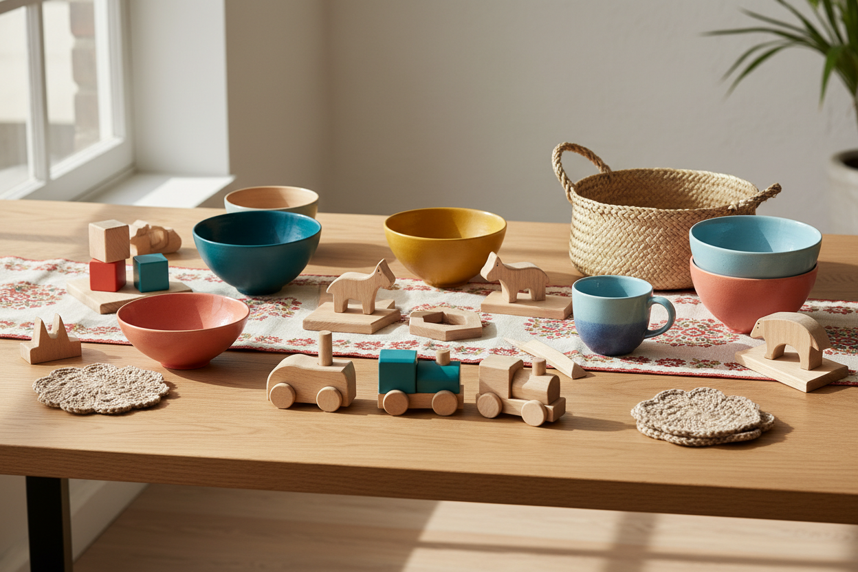 I want you to generrate a high quality header image which includes kitchen, toys , handicraft product 